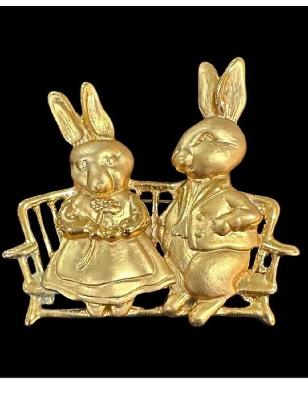 Vintage Gold-Tone Bunny Couple Brooch Sitting On A Bench